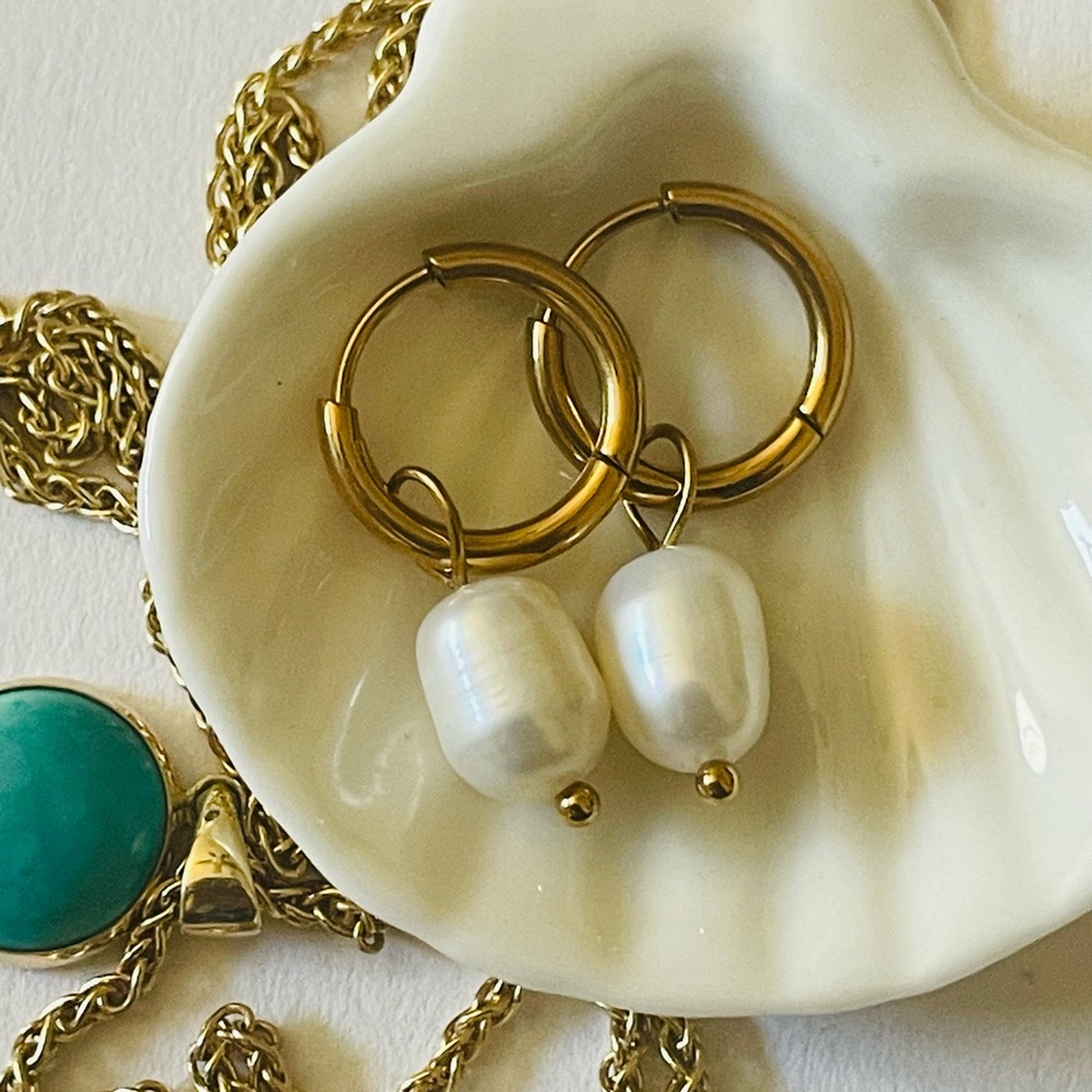 Gold & White Shell Pearl Huggie Hoop Earrings